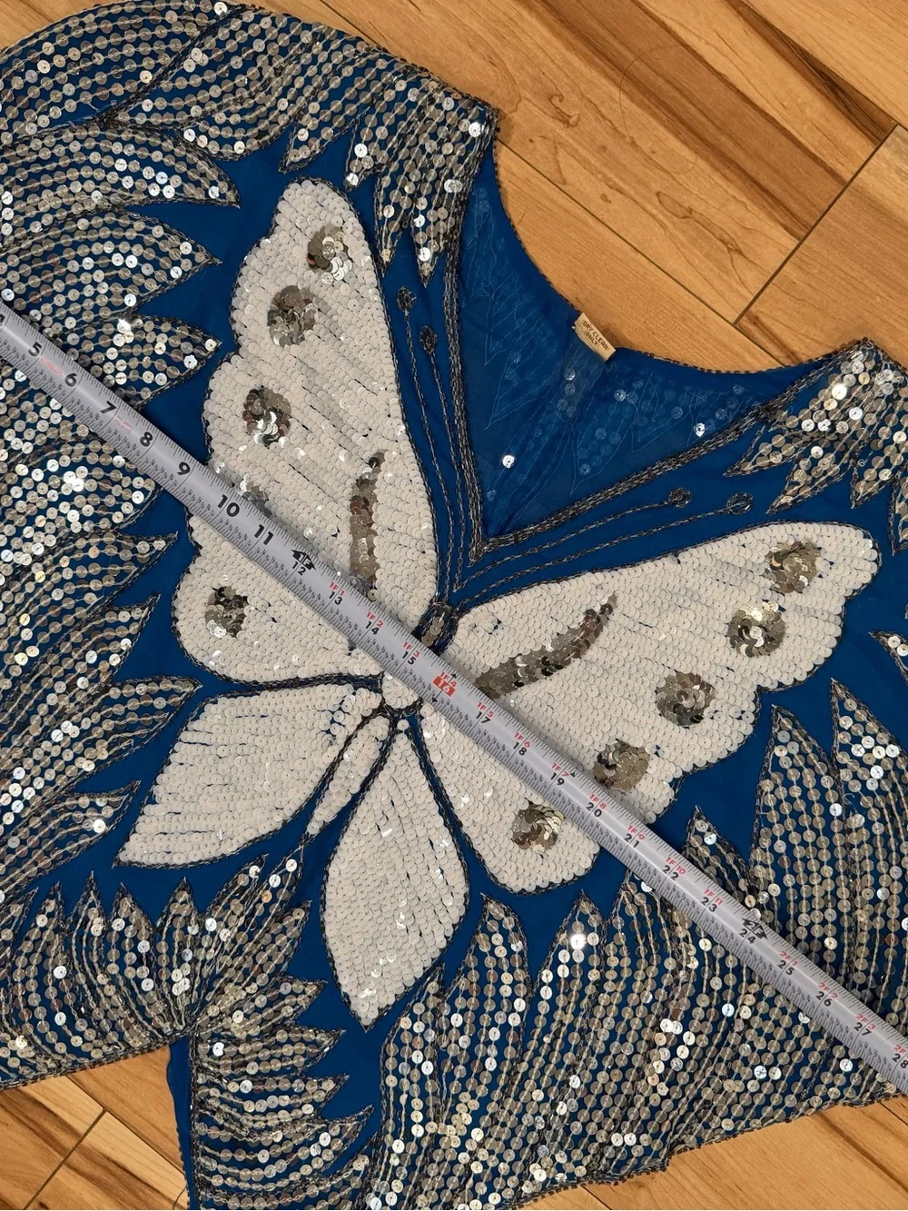 Vintage India Butterfly Sequin Beaded Silk Top Blue Silver Art Deco Oversized